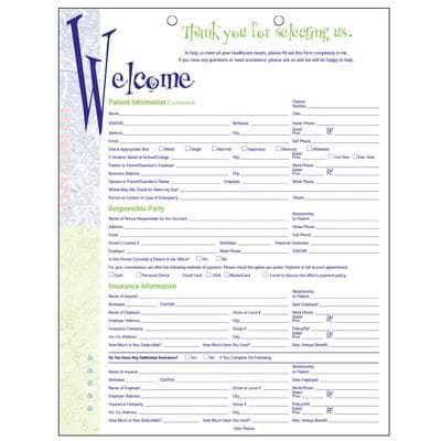 ColorForms™ Colorblocks Patient Information Forms, 8-1/2" W x 11" H, 2-Sided, 2-Hole Punched, White, 100/Pkg - ColorForms™ Colorblocks, 8-1/2 W x 11 H, 100/Pkg - Patient Information - Image 1