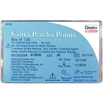 Dentsply Maillefer Gutta Percha Points, Hand Rolled, Plain, Size #80, 20 Points/Vial, 6 Vials/Box, 670939 thumbnail 2