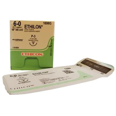 Ethicon Ethilon Nylon Monofilament Non-Absorbable Suture, 6-0, 18", Black, P-3 Precision Point Reverse Cutting Needle, 3/8 Circle, 12/Box, 1698G thumbnail 8