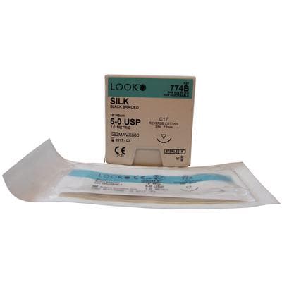 LOOK™ Sharpoint™ Silk Black Braided Non-Absorbable Suture, 5-0, 18", C-17 Reverse Cutting 3/8 Circle Needle, 12/Box, 774B thumbnail 13