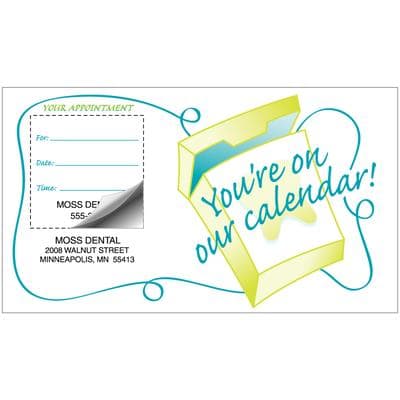 Sticker Appointment Card, 3-1/2" W x 2" H, 500/Pkg - You're On Our Calendar! - Sticker Appointment Card, 500/Pkg - You're On Our Calendar!, 3-1/2" W x 2" H - Image 1