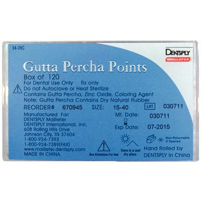 Dentsply Maillefer Gutta Percha Points, Hand Rolled, Plain, Assorted Sizes #15-40, 20 Points/Vial, 6 Vials/Box, 670945 thumbnail 2
