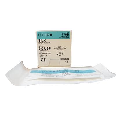 LOOK Sharpoint Silk Suture, 5-0, 18" (45 cm), Black Braided, Non-Absorbable, C-26 Reverse Cutting 1/2 Circle Needle, 12/Box, 779B thumbnail 11