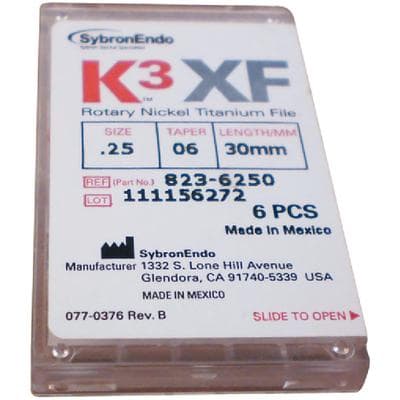 K3XF NiTi Rotary Files, .06 Taper, #25, 30 mm, Red, 6/Pk, 823-6250 thumbnail 9