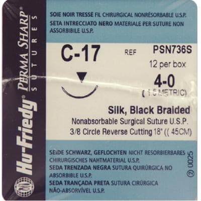 Hu-Friedy Perma Sharp Non-Absorbable Silk Black Braided Suture, 4-0, C-17 3/8 Circle Reverse Cutting Needle, 18", 12/Box, PSN736S thumbnail 10