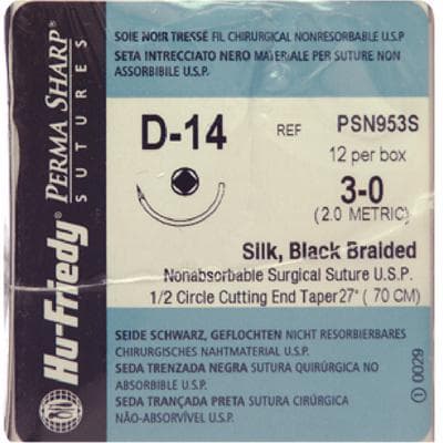 Hu-Friedy Perma Sharp Non-Absorbable Silk Black Braided Suture, 3-0, 27", D-14 1/2 Circle Cutting End Taper Needle, 12/Box, PSN953S thumbnail 7