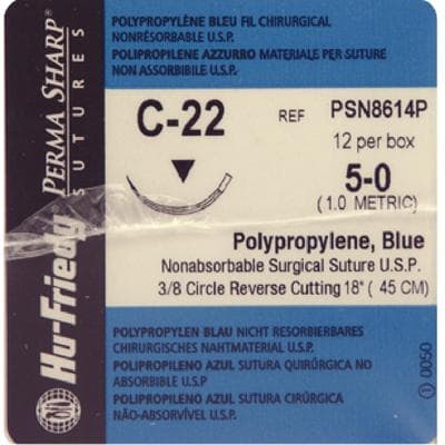 Hu-Friedy Perma Sharp Non-Absorbable Blue Polypropylene Suture, 5-0, C-22 3/8 Circle Reverse Cutting Needle, 18", 12/Box thumbnail 8
