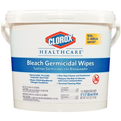 Clorox Germicidal Wipes, 12" x 12", 110 Wipes per Bucket, Sodium Hypochlorite 0.55% - Clorox® Germicidal Wipes, 110/Pkg - Bucket Included - Image 1
