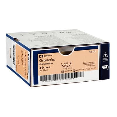 Medtronic Chromic Gut Absorbable Sutures, Size 3-0, Reverse Cutting CS-10 Needle, 1/2 Circle, 18" Length, 36/Pkg - Chromic Gut Sutures Absorbable – Reverse Cutting, 36/Pkg - CS-10, Size 3-0, 1/2" Circle, 18" Length - Image 1
