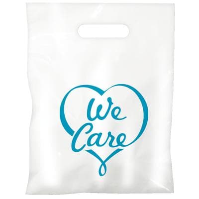 Economy Supply Bags, 9" W x 13" H, White with Process Blue 'We Care' Design, 100/Pkg - Economy Supply Bags – 9" W x 13" H, 100/Pkg - We Care - Image 1