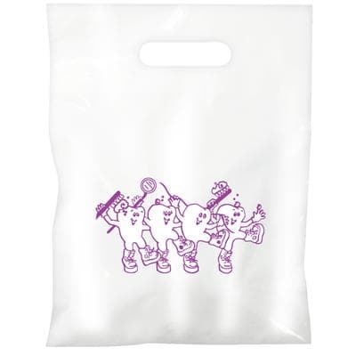 Economy Supply Bags, 9" W x 13" H, White with Pantone Purple Dancing Teeth Design, 100/Pkg - Economy Supply Bags – 9" W x 13" H, 100/Pkg - Dancing Teeth - Image 1