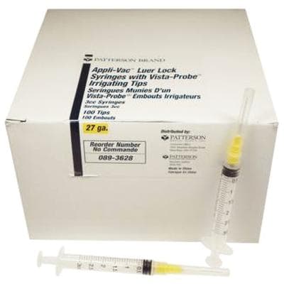 Patterson® Endodontic Syringe with Irrigation Needle, 3 cc Luer Syringe, Side-Vented 27 Gauge Needle, 100/Pkg - Patterson® Endodontic Syringe with Irrigation Needle – 3 cc Luer Syringe with Side-Vented Needle, 100/Pkg - 27 Gauge Needle - Image 1