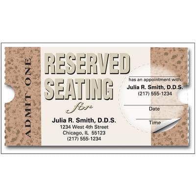 Sticker Appointment Card, Brown Reserved Seating, 3-1/2" W x 2" H, 500/Pkg - Sticker Appointment Card, 500/Pkg - Brown Reserved Seating, 3-1/2" W x 2" H - Image 1
