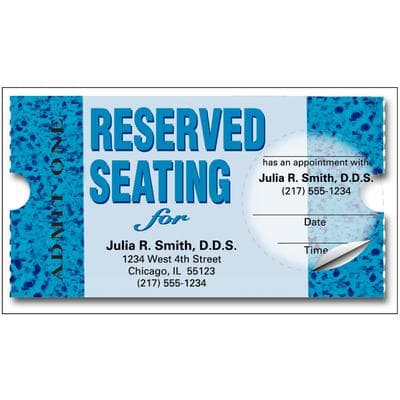 Sticker Appointment Card, Blue Reserved Seating, 3-1/2" W x 2" H, 500/Pkg - Sticker Appointment Card, 500/Pkg - Blue Reserved Seating, 3-1/2" W x 2" H - Image 1