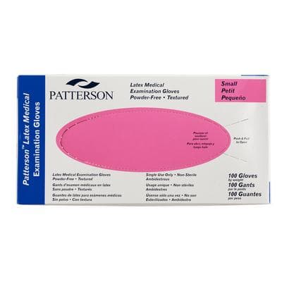 Patterson Latex Exam Gloves, Powder Free, Non-Sterile, Small (6-6.5), Textured, Beaded Cuff, 100/Box, 10 Boxes/Case - Patterson Latex Exam Gloves – Powder Free - Small 6 – 6-1/2, Pink Box, 100/Pkg, 10 Pkg/Case - Image 1