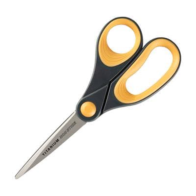 Fiskars Office Scissors, Bent Handled, Orange, 8" Straight, Gray/Yellow, ACM 14849 - Fiskars Office Scissors, Bent Handled, Orange, 8" - Gray/Yellow - Image 1