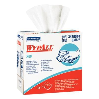 Wypall X60 Reinforced Wipers, White, Pop-Up Box, 9-1/10" x 16-4/5", 126/Box, KCC34790 - Wypall X60 Reinforced Wipers – White, Pop-Up Box, 9-1/10" x 16-4/5", 126/Box - Wypall X60 Reinforced Wipers – White, Pop-Up Box, 9-1/10" x 16-4/5", 126/Box - Image 1