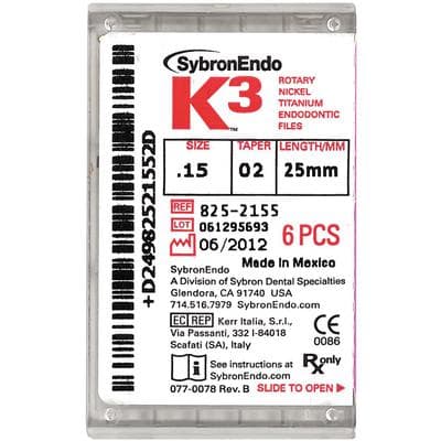 K3 Nickel Titanium Rotary Endodontic File, #15, .02 Taper, 25 mm, White, 6/Pk, 825-2155 thumbnail 15
