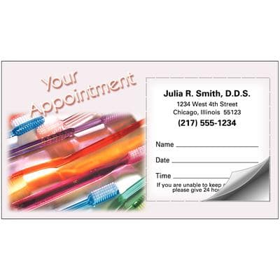 Sticker Appointment Card, Multicolored Toothbrushes Design, 3-1/2" W x 2" H, 500/Pkg - Sticker Appointment Card, 500/Pkg - Multicolored Toothbrushes, 3-1/2" W x 2" H - Image 1