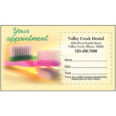 Sticker Appointment Card, Pink and Green Toothbrushes Design, 3-1/2" W x 2" H, 500/Pkg - Sticker Appointment Card, 500/Pkg - Pink and Green Toothbrushes, 3-1/2" W x 2" H - Image 1