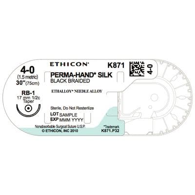 Ethicon Perma-Hand Silk Black Braided Nonabsorbable Suture, Size 4-0, 30", RB-1 Taper Point Needle, 1/2 Circle, 36/Box, K871H thumbnail 5