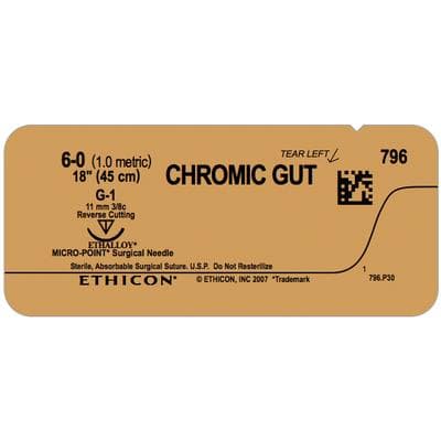 Ethicon Chromic Gut Surgical Suture, 6-0, 18", G-1 Reverse Cutting Needle, 3/8 Circle, 12/Bx, 796G thumbnail 5