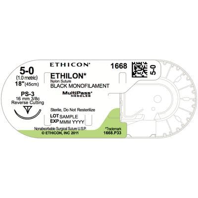 ETHILON Nylon Monofilament Nonabsorbable Suture, Size 5-0, Black, 18", PS-3 Precision Point Reverse Cutting Needle, 3/8 Circle, 36/Box thumbnail 4