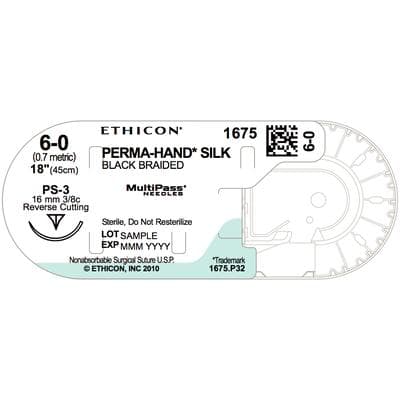 Ethicon Perma-Hand Silk Black Braided Suture, Non-Absorbable, 6-0, 18", PS-3 Reverse Cutting Needle, 3/8 Circle, 36/Box, 1675H thumbnail 3