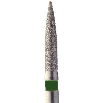 Meisinger Singles Disposable Diamond Bur, FG, Flame, Coarse, Green Ring, #1512.6CS, 1.2 mm Diameter, 6.0 mm Length, 25/Pkg - Singles Disposable Diamonds – FG, Flame, 25/Pkg - Coarse, Green, # 1512.6CS, 1.200 mm Diameter, 6.000 mm Length - Image 1