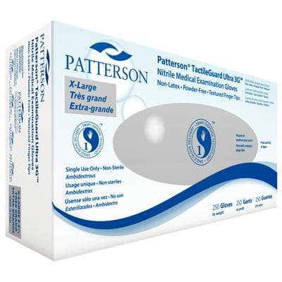 Patterson® TactileGuard Ultra 3G™ Nitrile Exam Gloves, Powder Free, Non-Sterile, Extra Large, Blue, Textured, Beaded Cuff, 250/Box - Patterson® TactileGuard Ultra 3G™ Nitrile Exam Gloves - Extra Large, Gray Box, 250/Box - Image 1