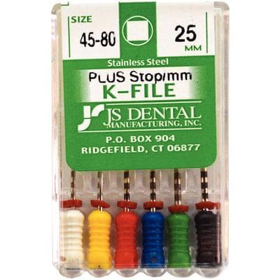 JS Dental K-Files PLUS Stainless Steel Endodontic Hand Files, 25mm, Assorted Sizes 45-80, 6/Box - K-Files PLUS - Stainless Steel - 25mm #45-80 - Image 1