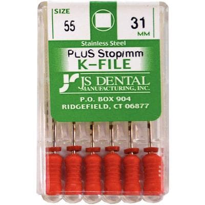 JS Dental K-Files PLUS Stainless Steel Endodontic Hand Files, Size #55, 31 mm, Red, 6/Box thumbnail 3