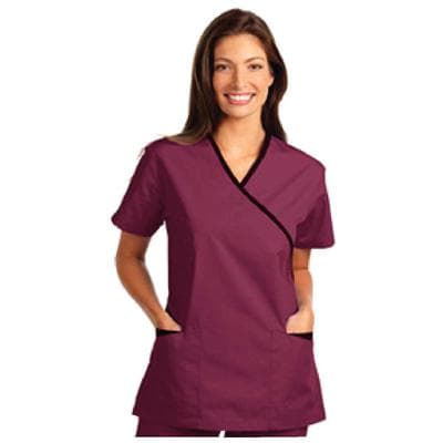 Fashion Seal Healthcare® Ladies' Cross-Over Tunic with Contrasting Trim, V-Neck, Short Sleeve, Burgundy/Black, Medium - Fashion Seal Healthcare® Ladies’ Cross-Over Tunics with Contrasting Trim - Burgundy/Black, Medium - Image 1