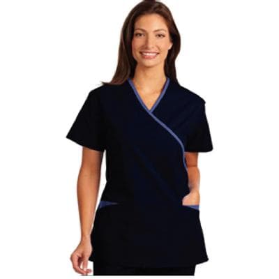 Fashion Seal Healthcare® Ladies' Cross-Over Tunic with Contrasting Trim, V-Neck, Short Sleeve, Navy/Ciel Blue, Medium, 1/Pkg thumbnail 2