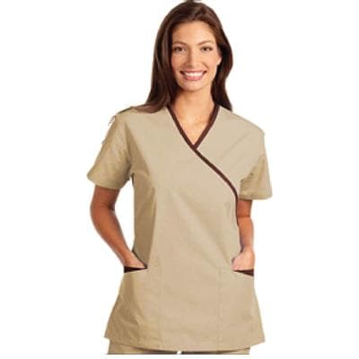 Fashion Seal Healthcare® Ladies' Cross-Over Tunic with Contrasting Trim, V-Neck, Short Sleeve, Tan/Chocolate, Medium thumbnail 2