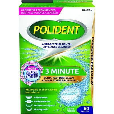 Polident Antibacterial Denture Cleanser, 3 Minute, Mint Fresh, 60 Tablets/Box, 12 Boxes/Pkg - Polident® Antibacterial Denture Cleanser - 3 Minute, Mint Fresh, 60 Tablets/Box, 12 Boxes/Pkg - Image 1