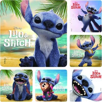 Movie Licensed Stickers, Lilo & Stitch Live, 2-1/2" W x 2-1/2" H, 6 Designs/Roll, 100/Roll - Movie Licensed Stickers, 2-1/2 W x 2-1/2 H, 6 Designs/Roll, 100/Roll - Lilo & Stitch Live - Image 1