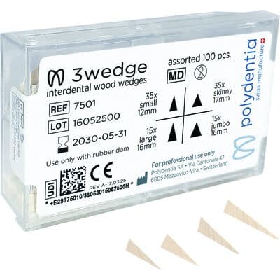 Polydentia 3Wedge Interproximal Wedges, Assorted Sizes (Small, Skinny, Large, Jumbo), Natural Birch, 100/Pkg - Polydentia 3wedge - Assorted Sizes, 100/Pkg - Image 1