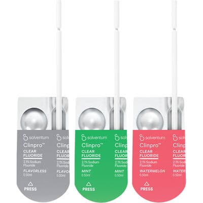 3M Clinpro Clear Fluoride Treatment, Mixed Flavor (300 Watermelon, 300 Unflavored, 200 Mint), 0.5 mL Unit Dose, 800/Kit, 7230B thumbnail 8