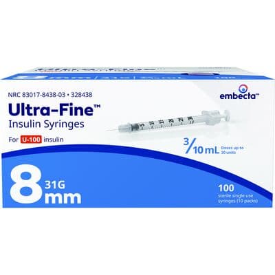 Embecta Ultra-Fine Insulin Syringe, 31G x 5/16" (8 mm), U-100, 0.3 mL, 100/Box thumbnail 4