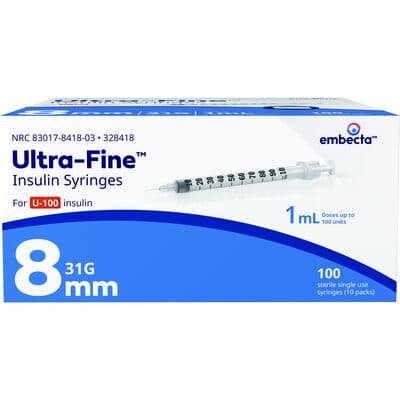 Ultra-Fine Insulin Syringe, 1cc, 31G x 5/16" (8 mm), U-100, Conventional Graduated, Permanently Attached Needle, Sterile, 100/Box thumbnail 2
