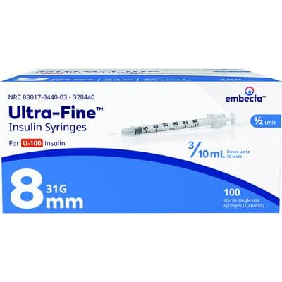 Ultra-Fine Insulin Syringe/Needle Combo, U-100, 31 Gauge x 8 mm, 0.3 mL, 1/2 Unit Scale, 100/Box thumbnail 2
