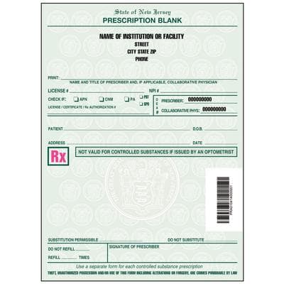New Jersey Prescription Blanks – 2 Part, Personalized, 4" W x 5-1/2" H, 100 Sets/Pad, 5 Pads/Pkg - Health Care Facility - New Jersey Prescription Blanks – 2 Part, Personalized, 4" W x 5-1/2" H, 100 Sets/Pad, 5 Pads/Pkg - Health Care Facility - Image 1