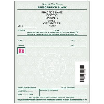 New Jersey Prescription Blanks, 1-Part, Personalized, 4" W x 5-1/2" H, 100 Sheets/Pad, 5 Pads/Pkg - DDS, DMD, MD, DO, DVM - New Jersey Prescription Blanks – 1 Part, Personalized, 4" W x 5-1/2" H, 100 Sheets/Pad, 5 Pads/Pkg - DDS, DMD, MD, DO, and DVM - Image 1