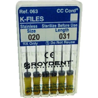 Roydent K-Type Files, Size #20, 31mm, Stainless Steel, Color-Coded Yellow, 6/Pack, 06331020R thumbnail 10