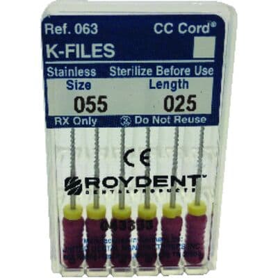 Roydent K-Type Files, Size 55, 25mm, Stainless Steel, Color-Coded Red, with Pre-Applied Silicone Stops, 6/Pack, 06325055R thumbnail 7