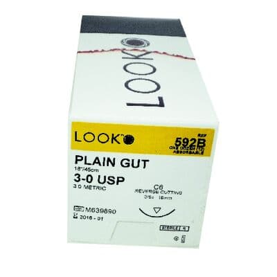 Look Plain Gut Suture, 3-0, 18" (45 cm), C-6 Reverse Cutting Needle, 19 mm 3/8 Circle, Beige, 12/Box, 592B thumbnail 18