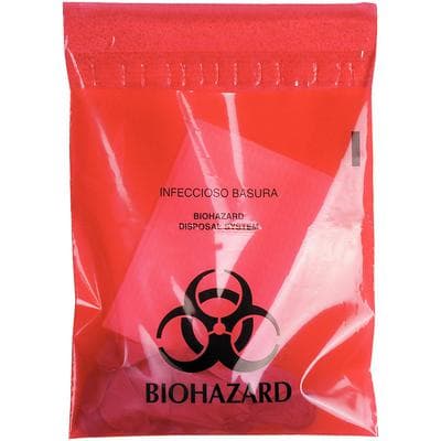 Unimed Waste Stick-On Bags, Red Biohazard, 9" x 10", 1.4 Quart, 100/Pkg - Waste Stick-On Bags – Red Biohazard, 100/Pkg - 9" x 10", 1.4 Quart - Image 1
