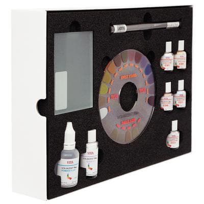 VITA AKZENT Plus Mini Kit, 5 Effect Stains, Glaze LT Powder, Powder Fluid, Mixing Plate, Brush, Shade Disc thumbnail 2