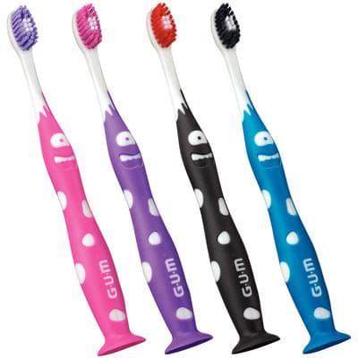 GUM Monsterz Junior Toothbrush with Suction Cup, Ages 5+, Assorted Colors, 12/Pack (Old# 902P) - GUM Monsterz Junior Toothbrush - Image 1